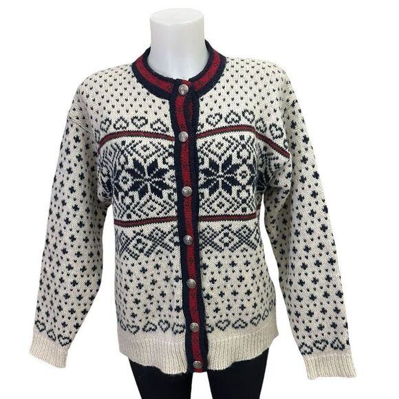 LL Bean Vintage Nordic Snowflake Hearts Buttoned Cardigan Sweater Wool Blend szM - Picture 1 of 8